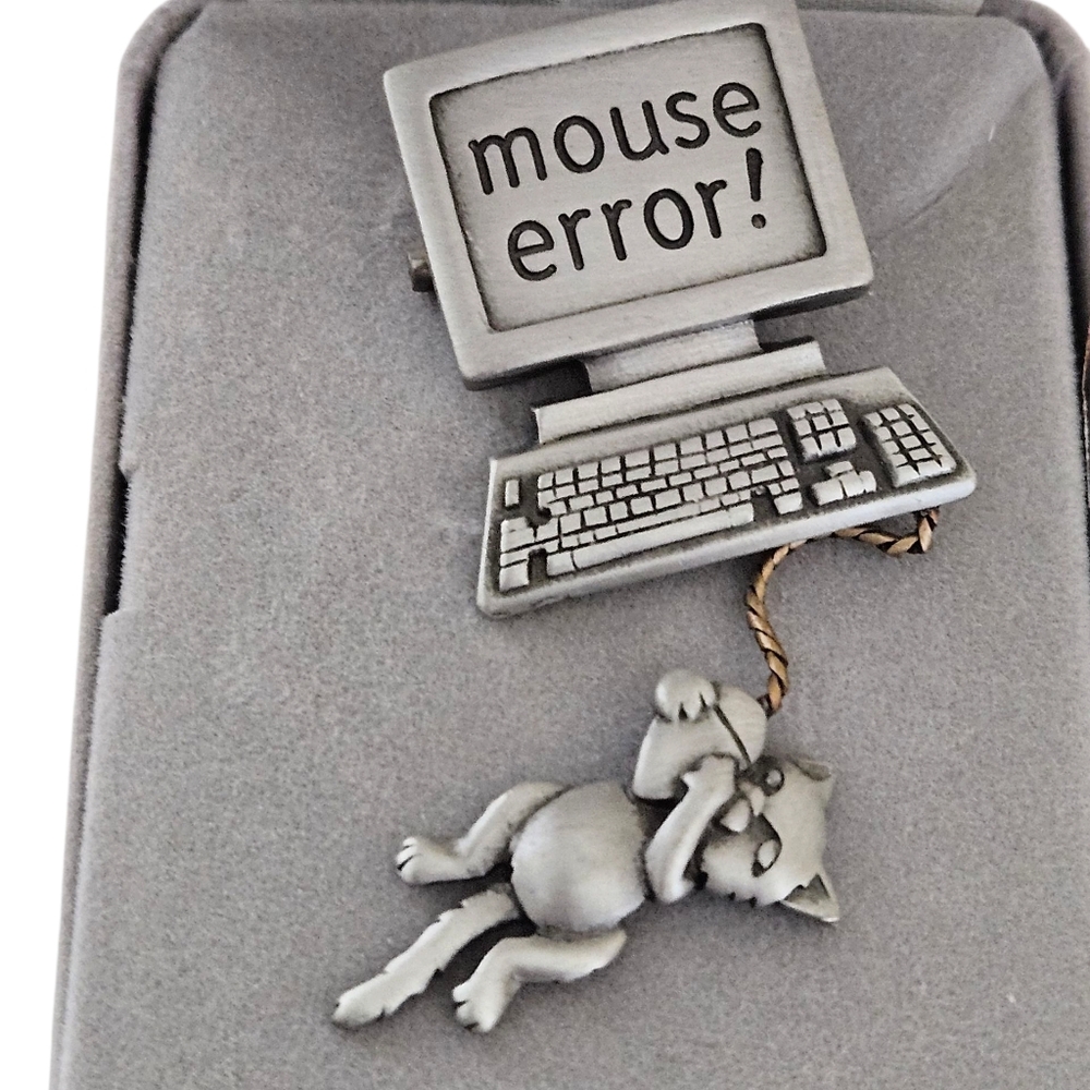 Pewter Silver Cat and Computer Brooch Signed JJ.